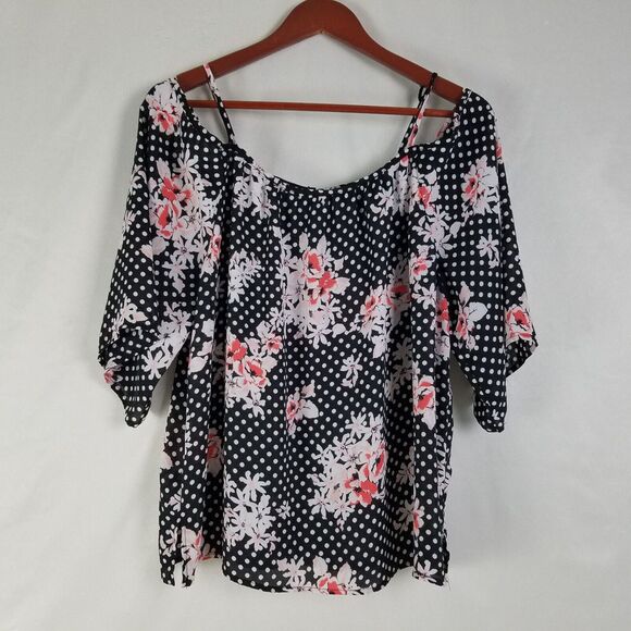 Sweet Rain Shirt Womens Large Top Floral Polka Dot Off the Shoulder Short Sleeve - Picture 1 of 10